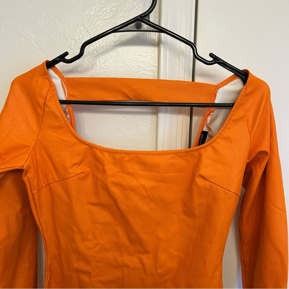 Naked Wardrobe Orange Faux Leather Cutout Mini Dress Size Medium Long Sleeve - Picture 2 of 7